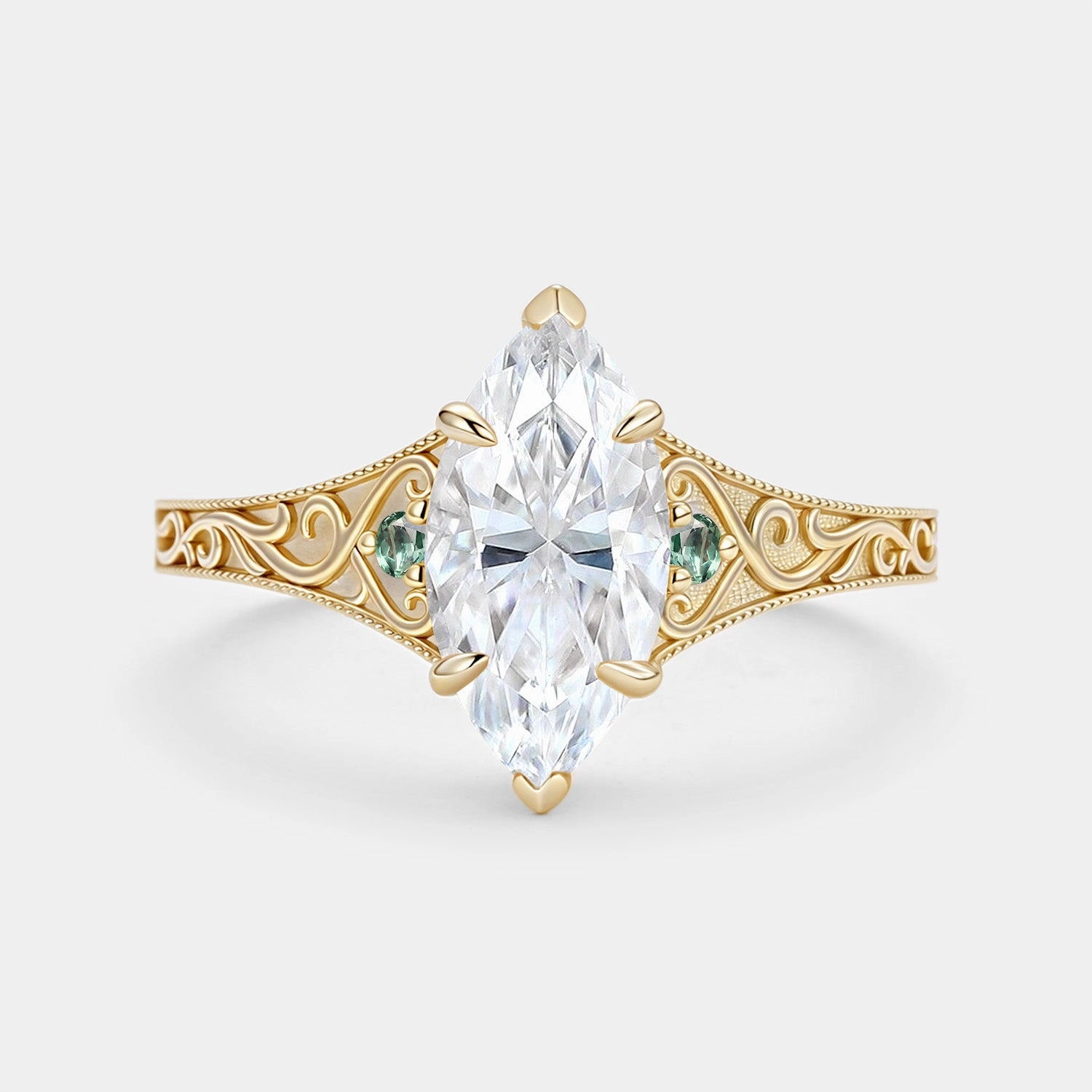 Marquise Cut Moissanite Vintage Ornate Filigree Engagement Ring Protective Coating Unique Token