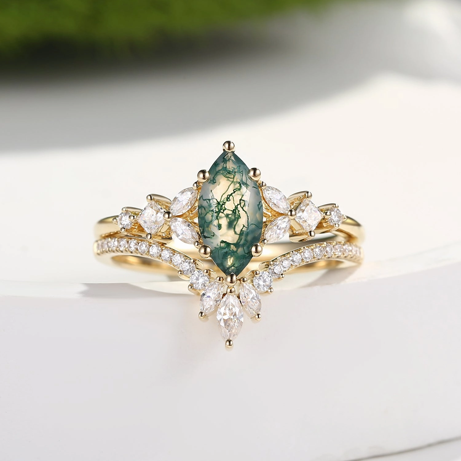 Marquise Cut Moss Agate Cluster Engagement Ring Set 2pcs - Lumenis Sleek Form