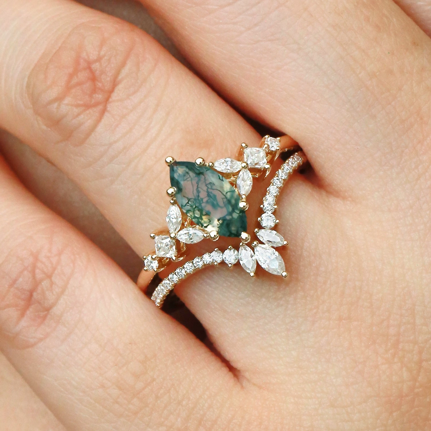 Marquise Cut Moss Agate Cluster Engagement Ring Set 2pcs - Lumenis Trendy Gift