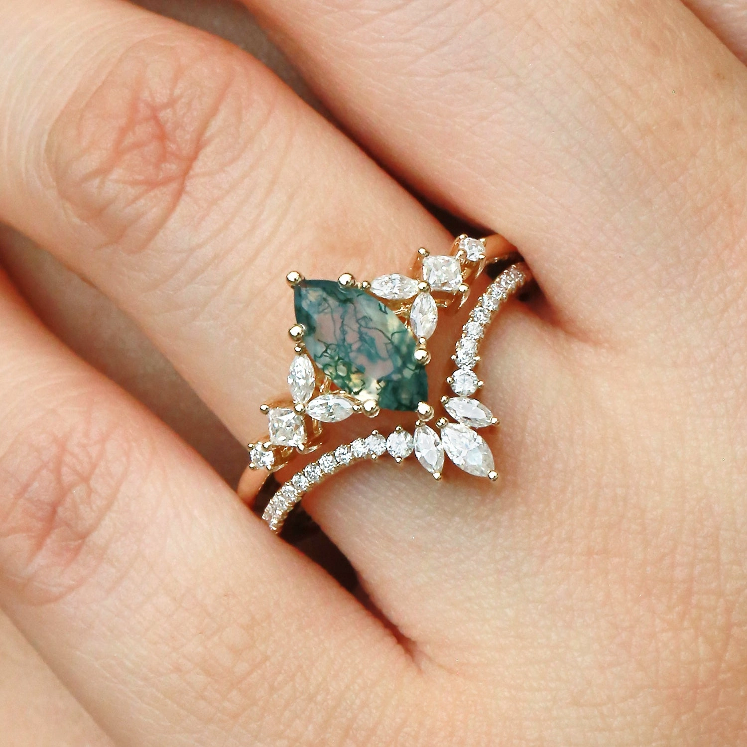 Bold Sign Marquise Cut Moss Agate Cluster Engagement Ring Set 2pcs - Lumenis