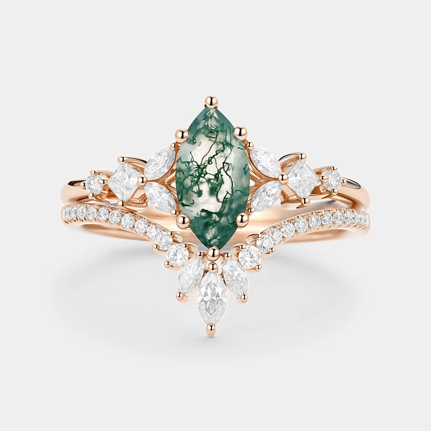 International Design Excellent Item Marquise Cut Moss Agate Cluster Engagement Ring Set 2pcs - Lumenis