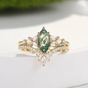 Marquise Cut Moss Agate Cluster Engagement Ring Set 2pcs - Lumenis Sleek Form