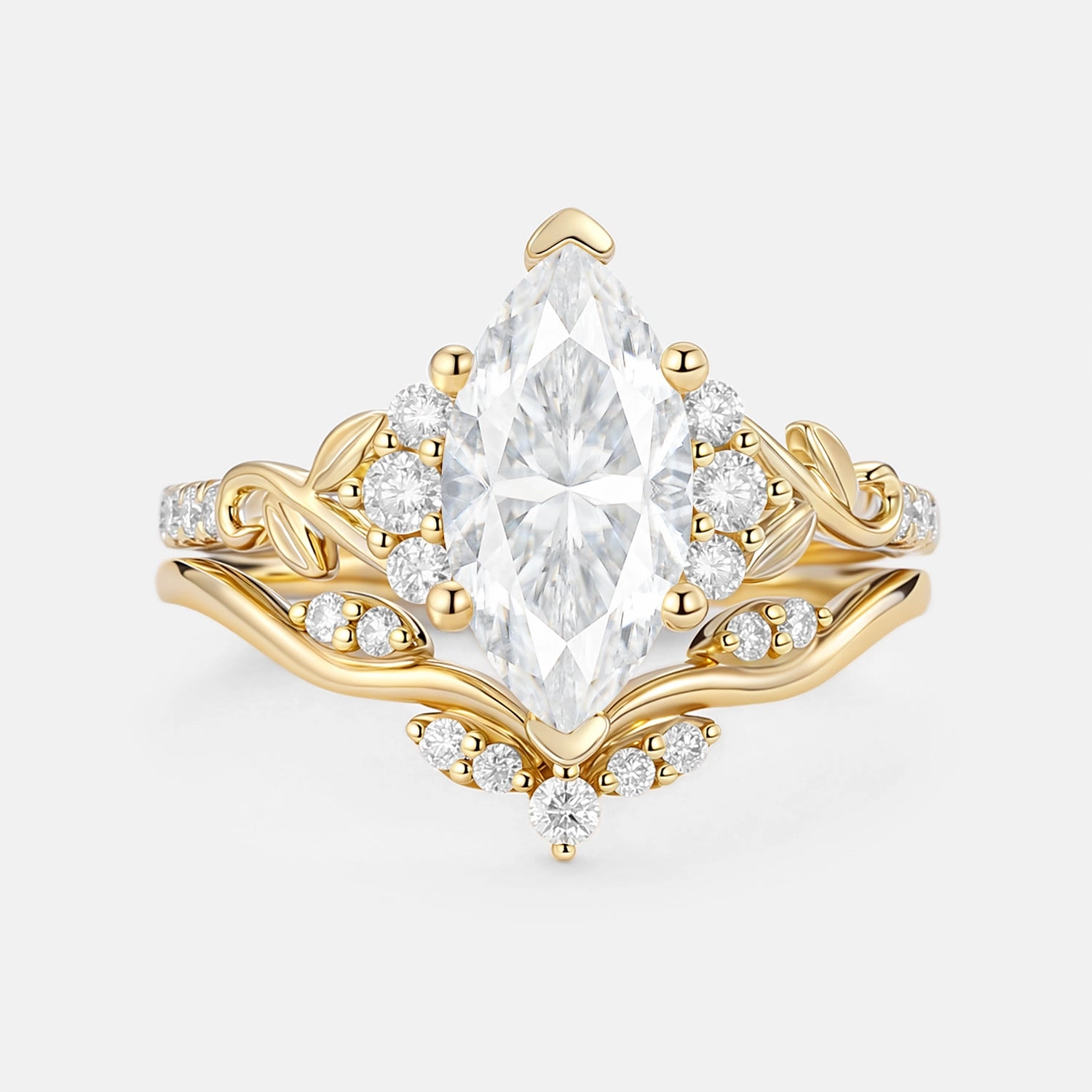 Classic Beauty Marquise Moissanite Leafy Engagement Ring Sets 2pcs - Cometia