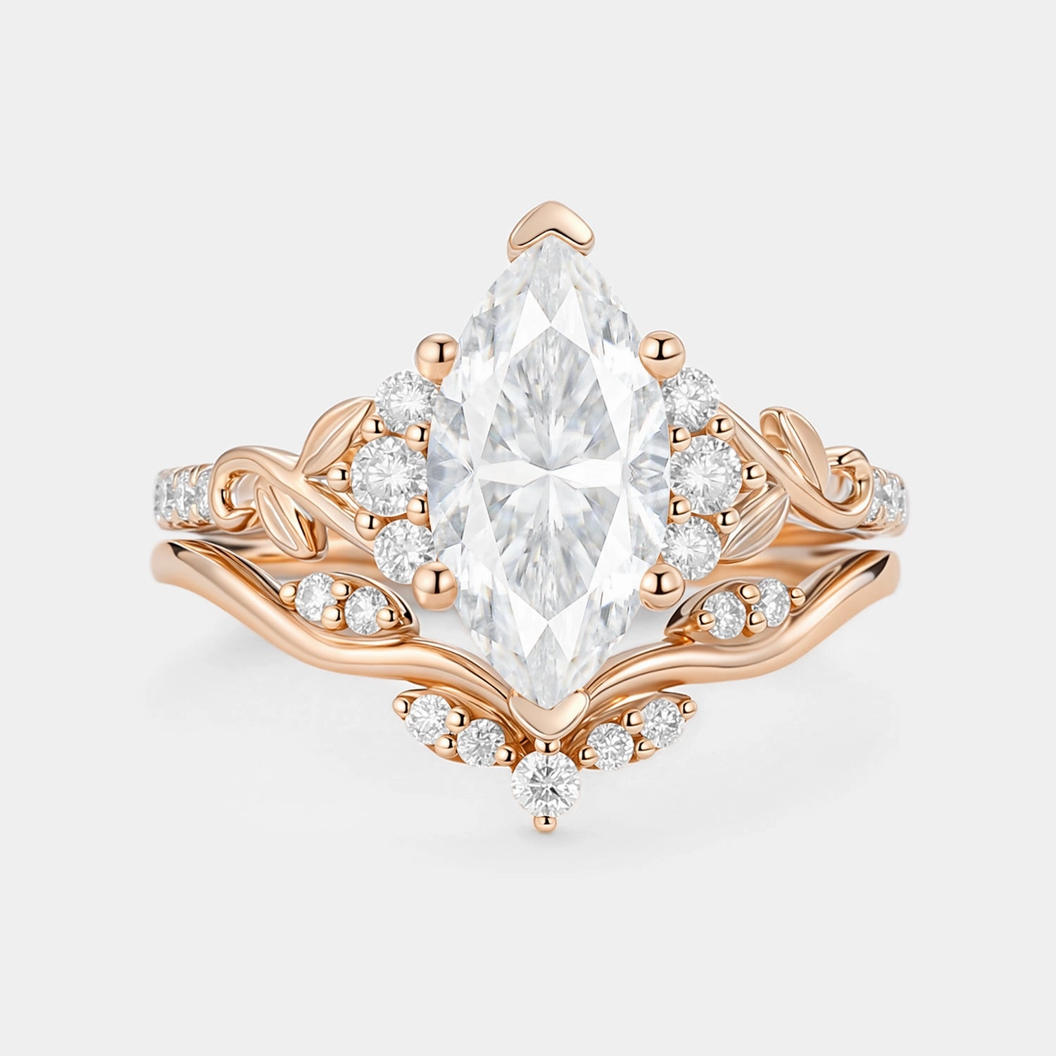 Marquise Moissanite Leafy Engagement Ring Sets 2pcs - Cometia Artful Touch Ornate Design