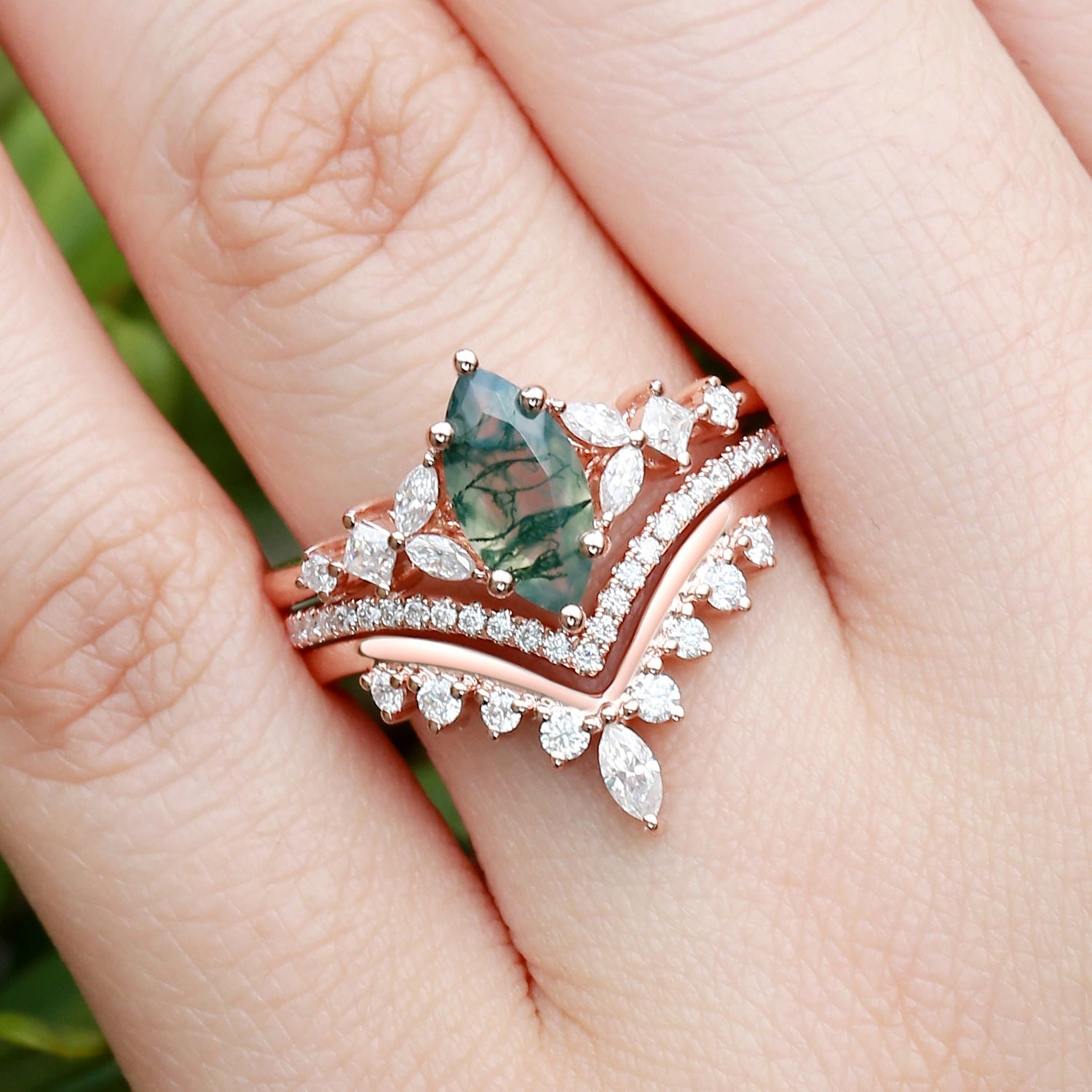 Formal Outfit Bold Finish Marquise Moss Agate Engagement Ring Set 3pcs - Amelia