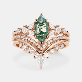 Glam Edge Gift Feature Marquise Moss Agate Engagement Ring Set 3pcs - Amelia