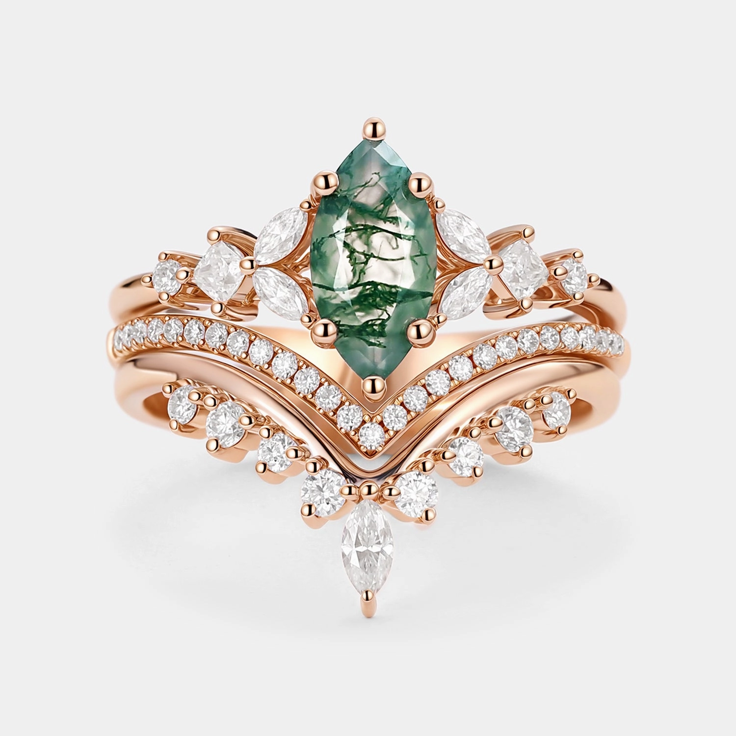 Glam Edge Gift Feature Marquise Moss Agate Engagement Ring Set 3pcs - Amelia