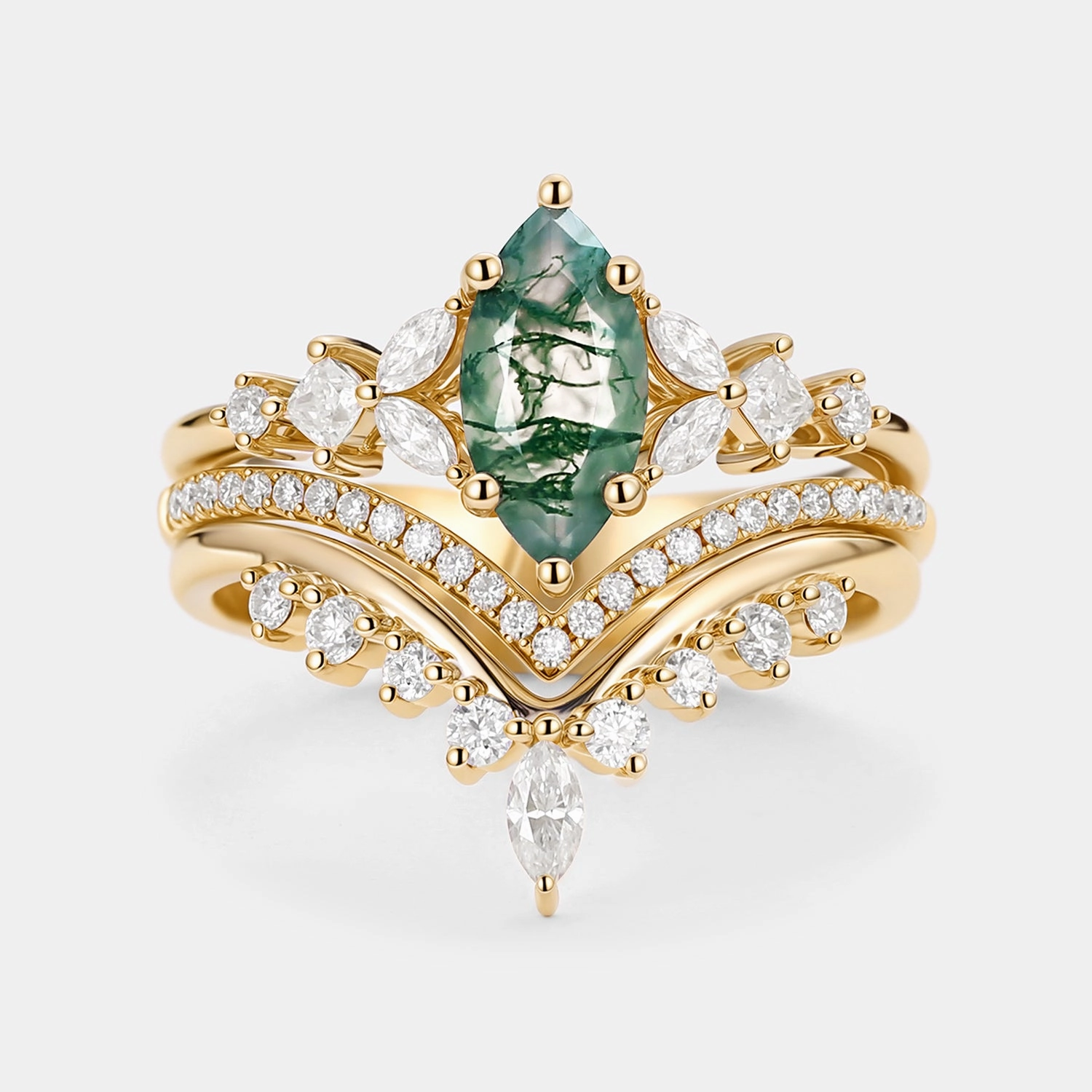 Elegant Style Pieces Marquise Moss Agate Engagement Ring Set 3pcs - Amelia