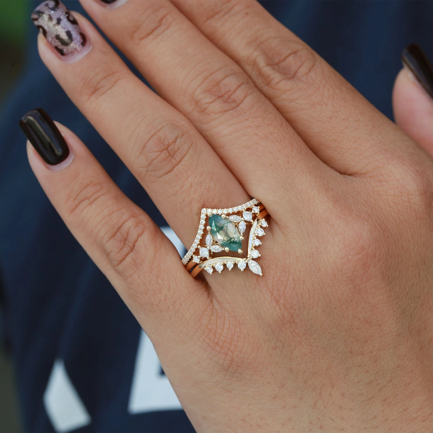 Custom Shine Exclusive Sparkle Marquise Moss Agate Engagement Ring Set 3pcs - Amelia