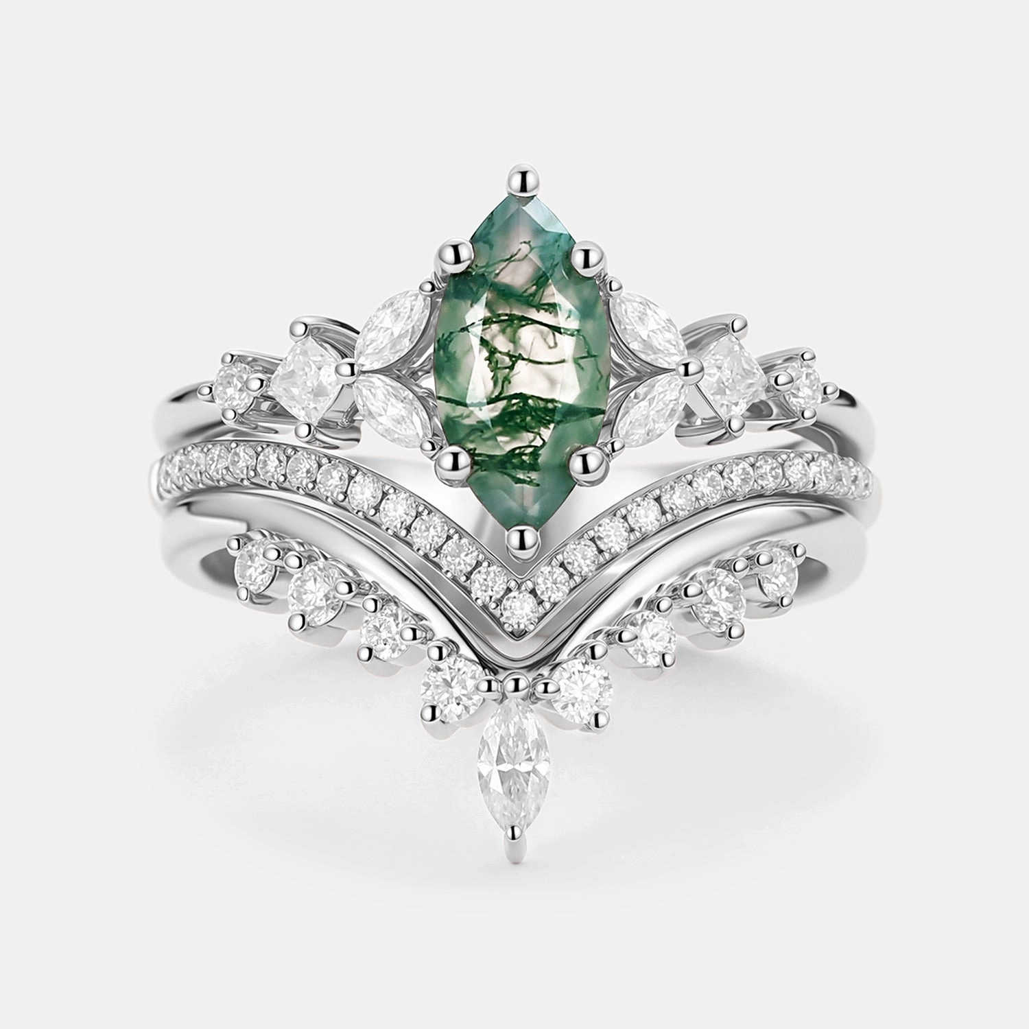 Distinctive Jewelry Marquise Moss Agate Engagement Ring Set 3pcs - Amelia