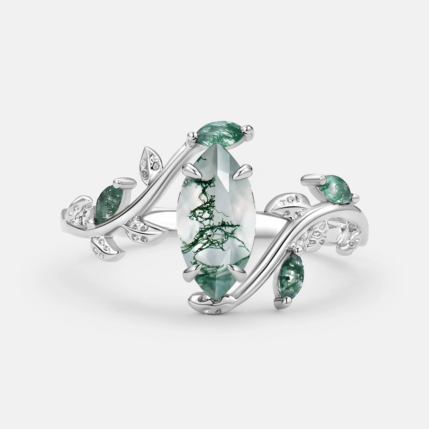 Economical Expression Affordable Piece Marquise Moss Agate Leafy Vintage Engagement Ring