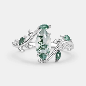 Marquise Moss Agate Leafy Vintage Engagement Ring Cool Texture