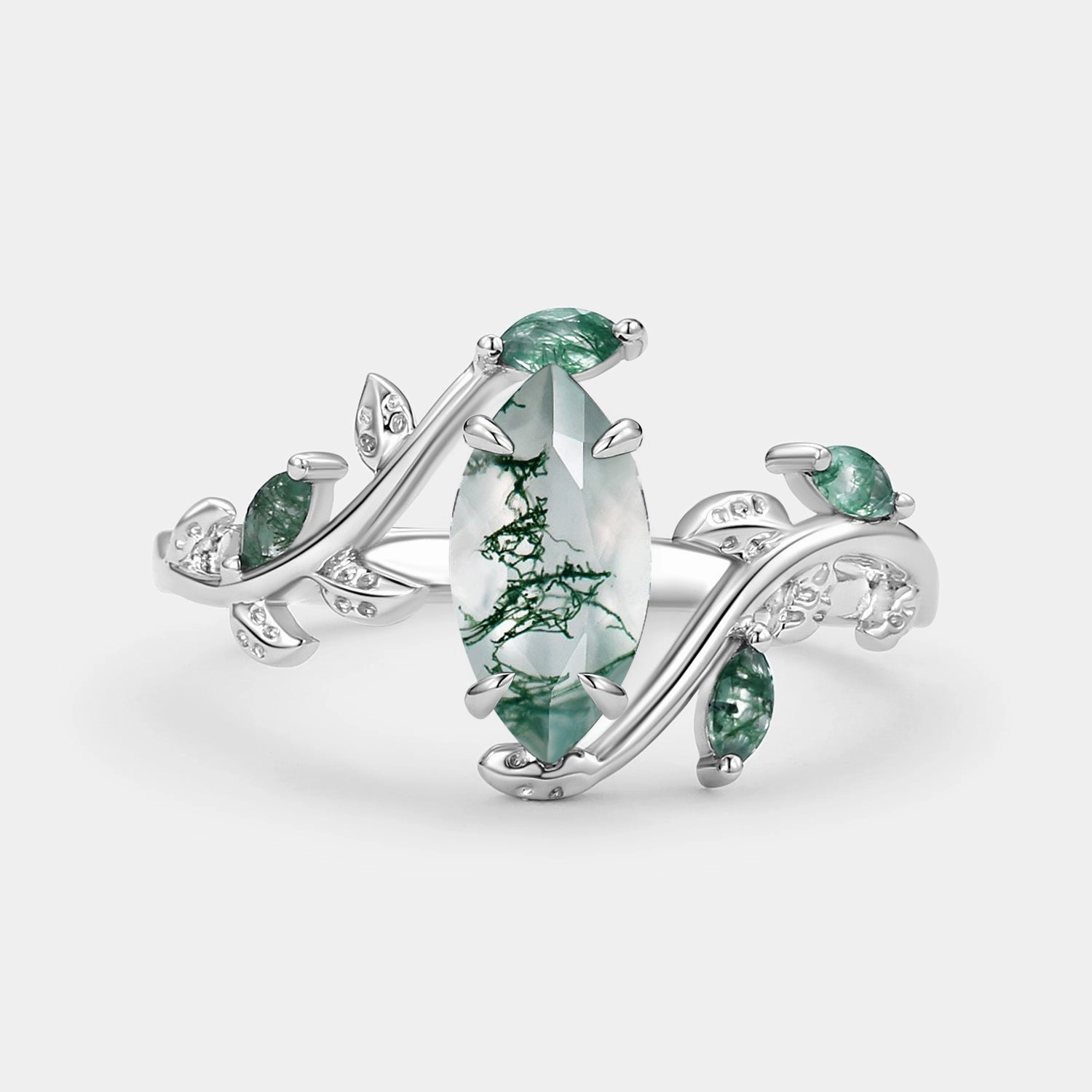 Marquise Moss Agate Leafy Vintage Engagement Ring Birthday Surprise Alluring Style