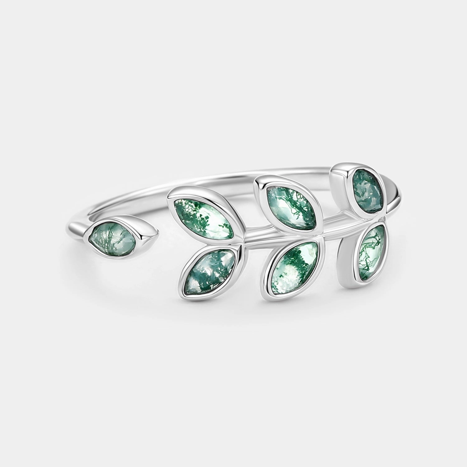 Delicate Glam Dinner Party Marquise Moss Agate Leafy White Gold Ring