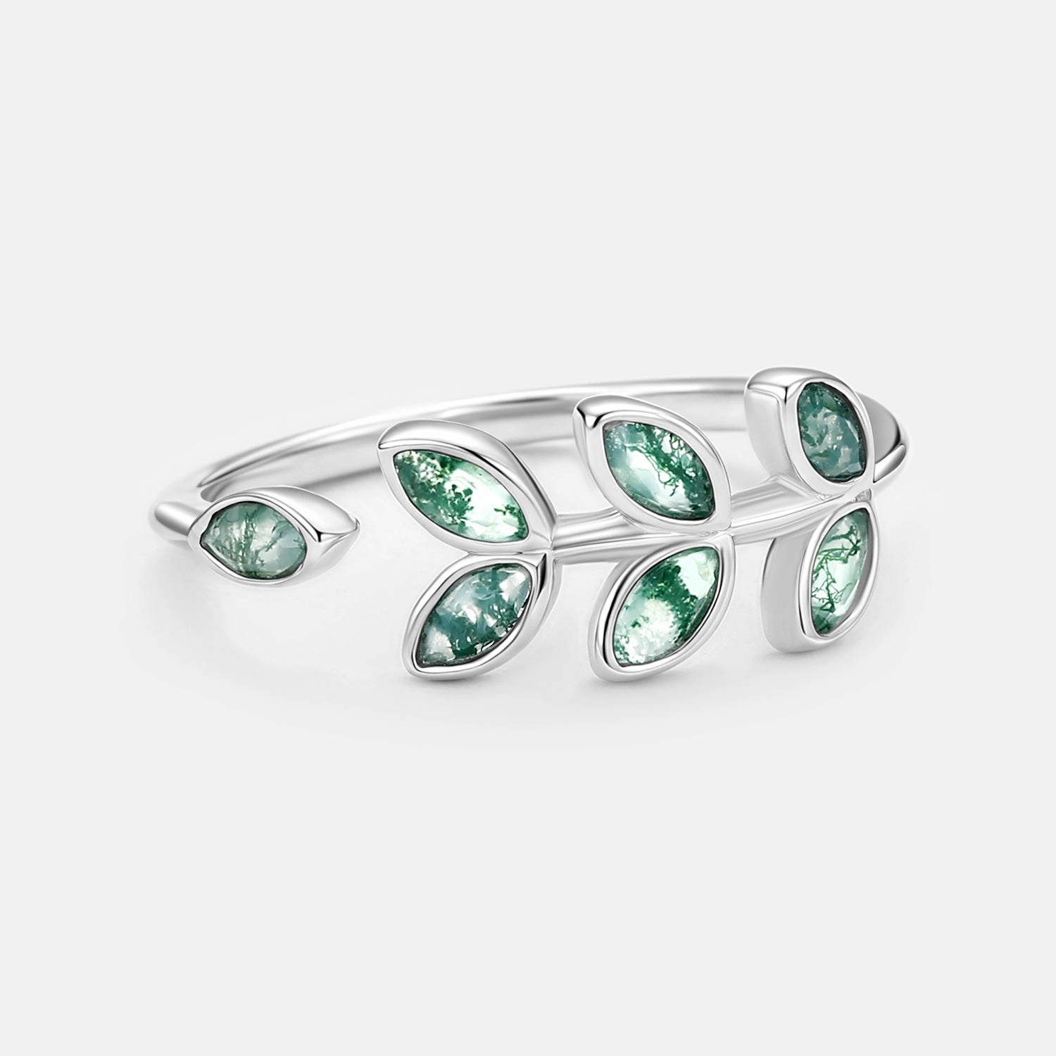 Luxury Craftsmanship Marquise Moss Agate Leafy White Gold Ring