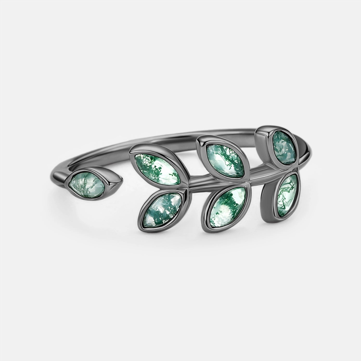 Shining Detail Soft Detail Marquise Moss Agate Leafy White Gold Ring