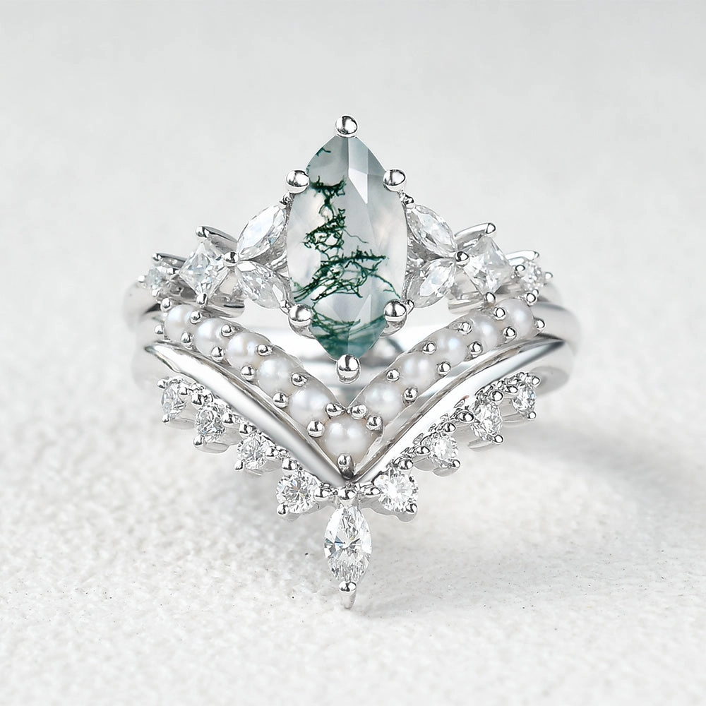 Simple Elegance Marquise Moss Agate Pearl-fect Engagement Ring Set 3pcs