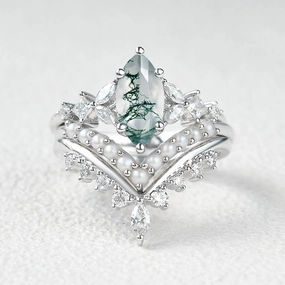 Simple Elegance Marquise Moss Agate Pearl-fect Engagement Ring Set 3pcs