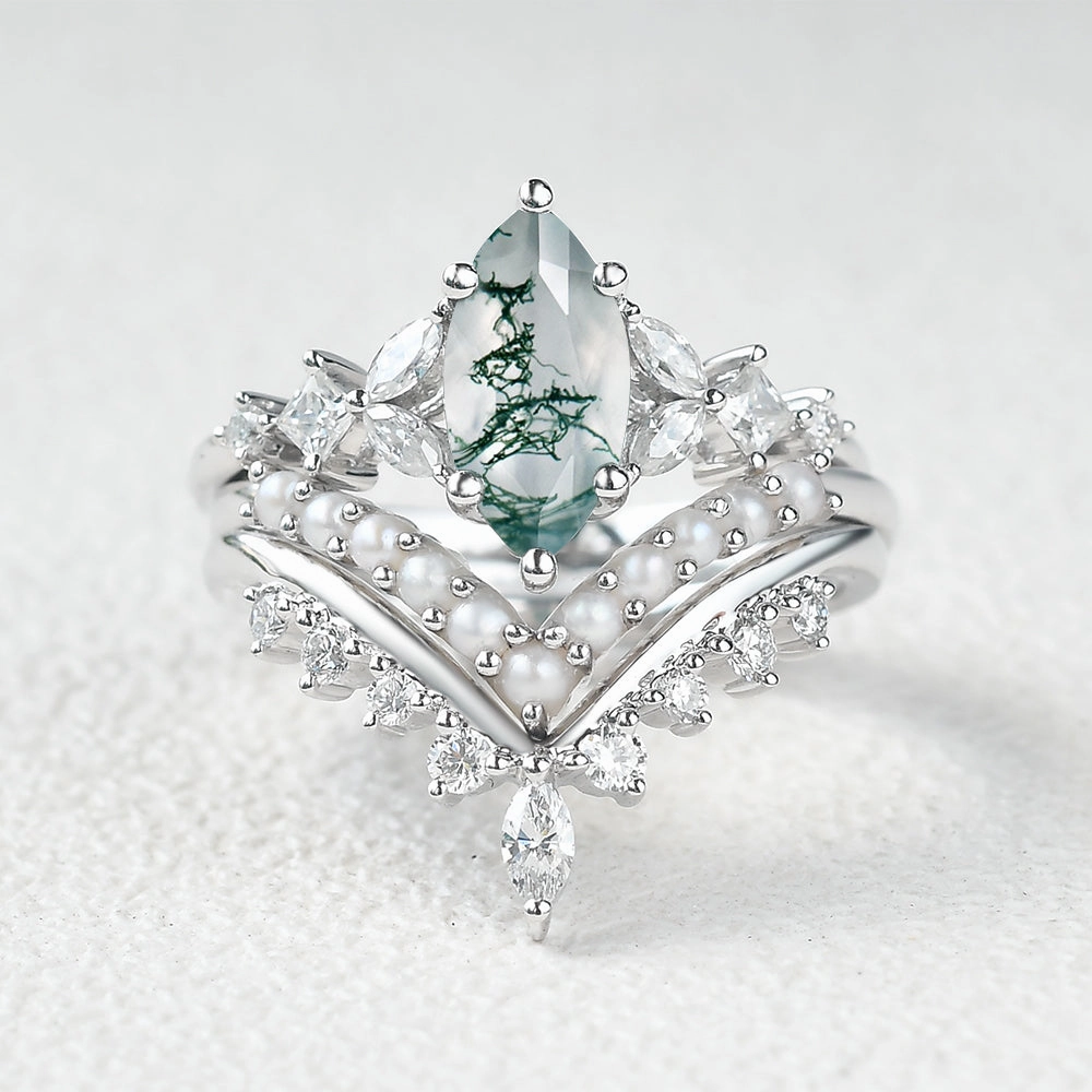 Marquise Moss Agate Pearl-fect Engagement Ring Set 3pcs Versatile Fit