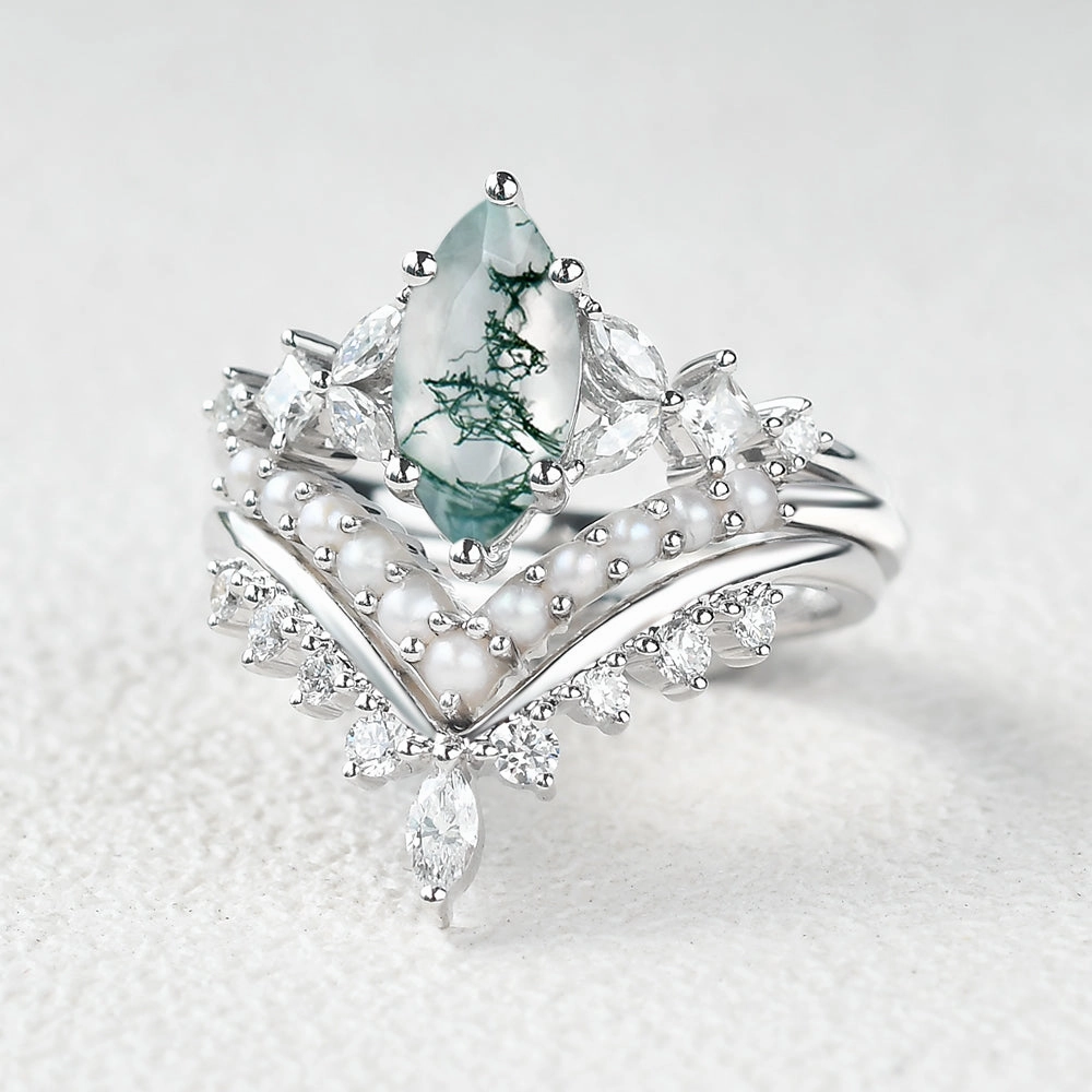 Formal Accent Subtle Feature Marquise Moss Agate Pearl-fect Engagement Ring Set 3pcs