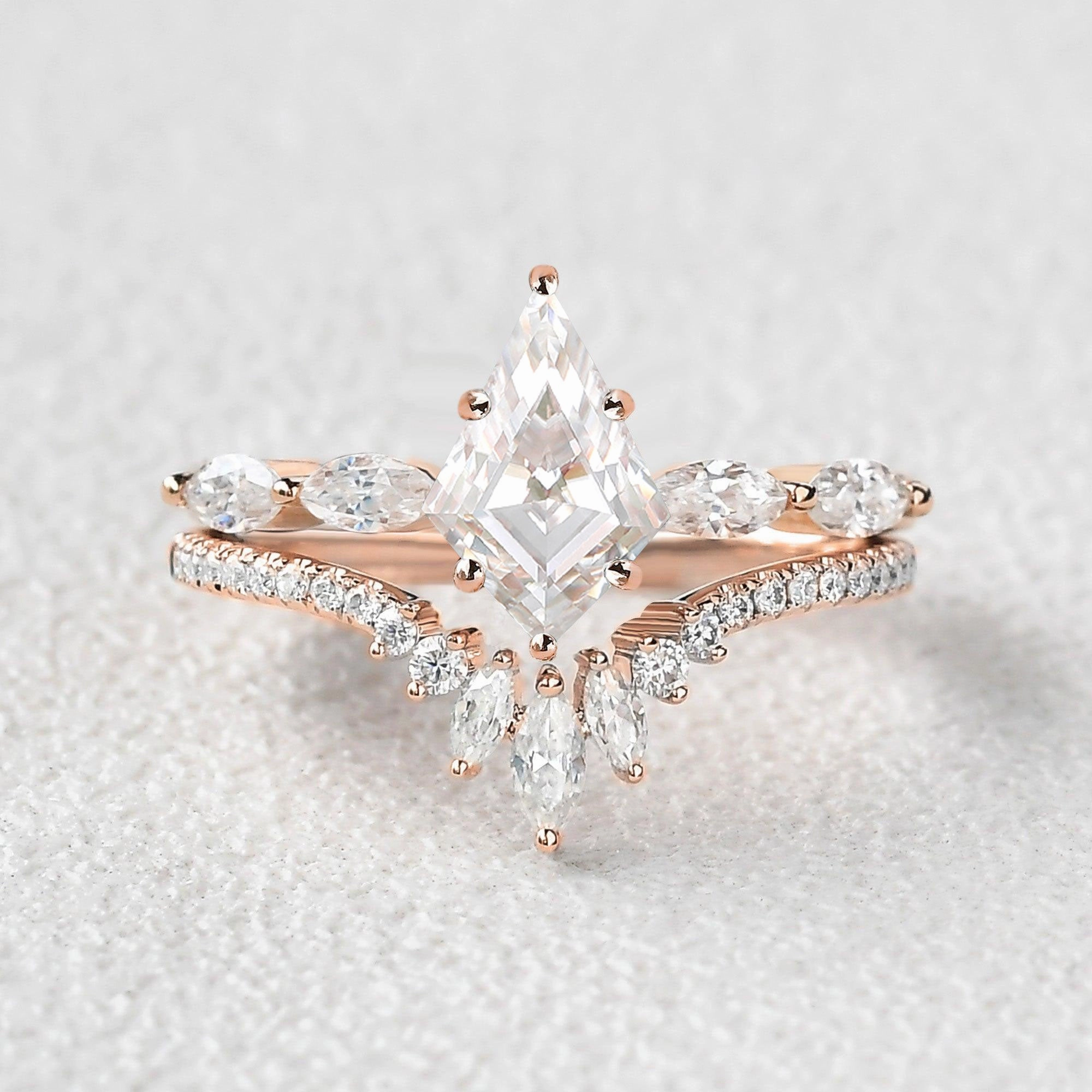 Affordable Art Marquise Staccato Kite Cut Moissanite Engagement Ring Set 2pcs