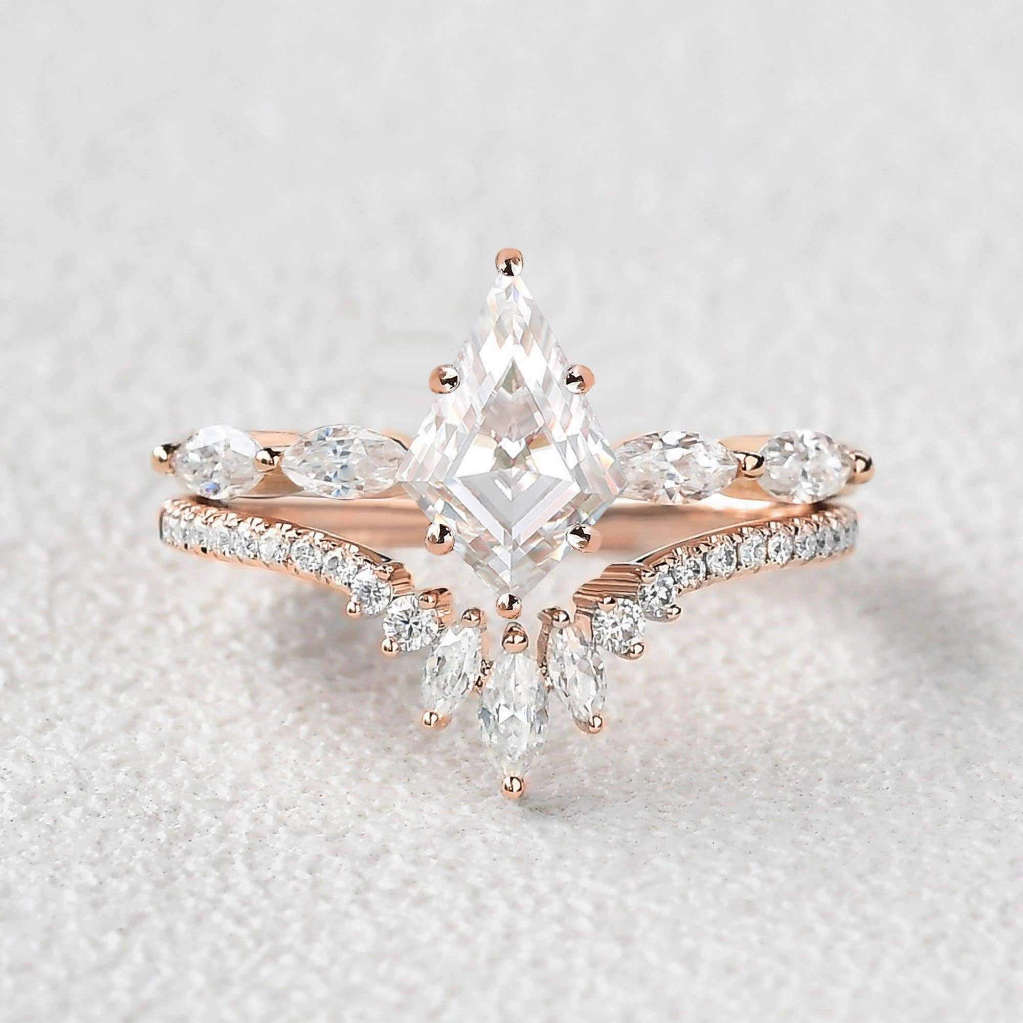 Polished Line Layering Game Marquise Staccato Kite Cut Moissanite Engagement Ring Set 2pcs