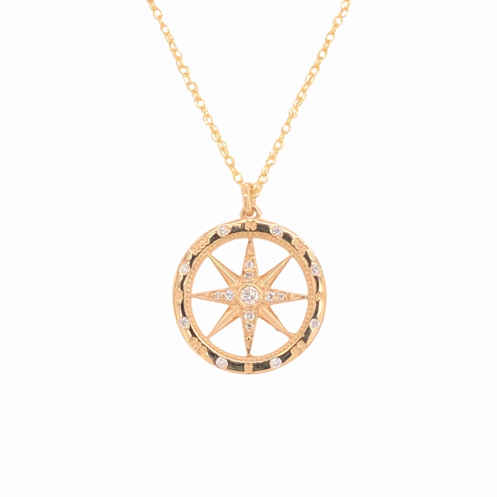 Medium Windrose Style Round Diamond Compass Pendant Classic Layer