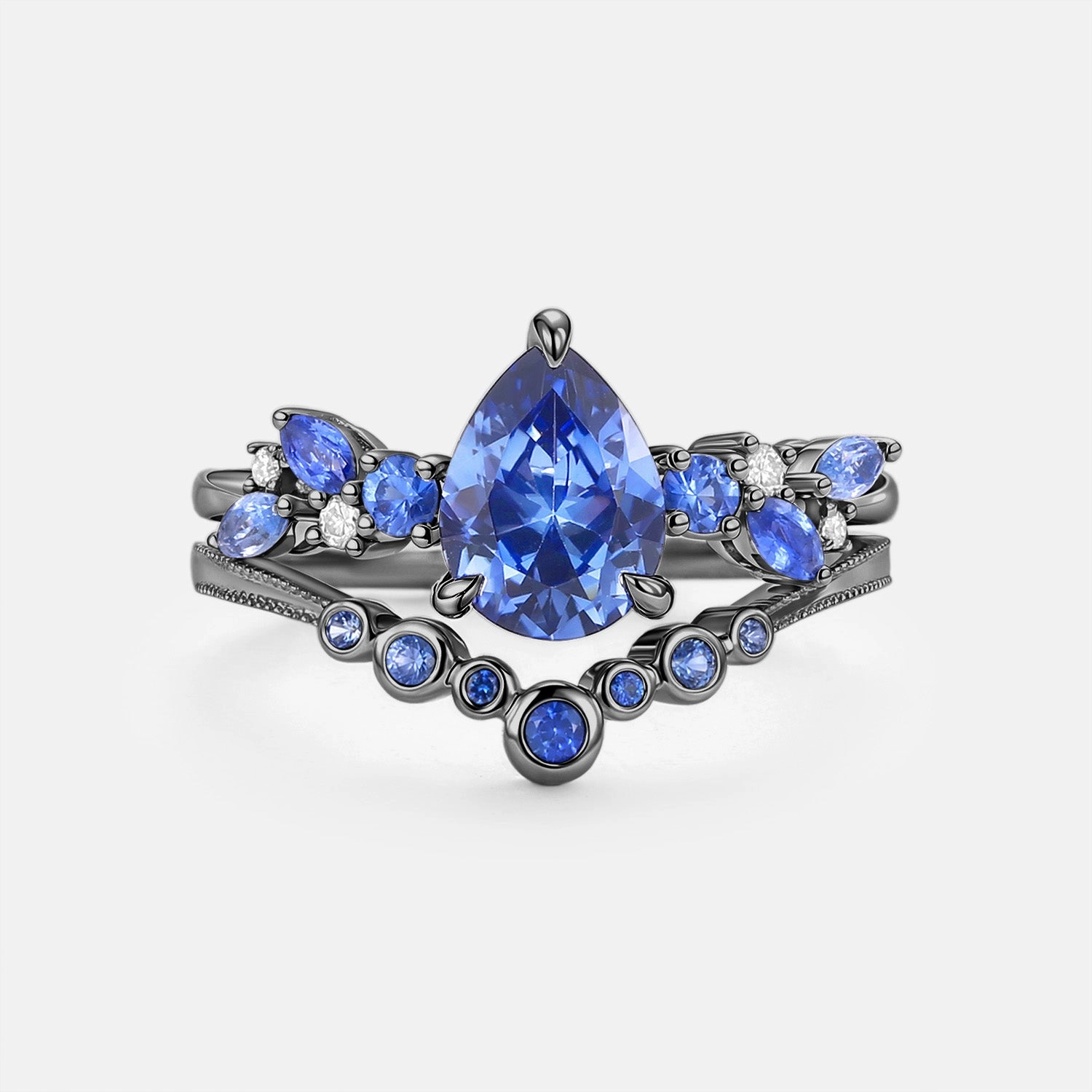Merging in the Rain - Lab Cornflower Sapphire Pear Cut Ring Set Easy Carry