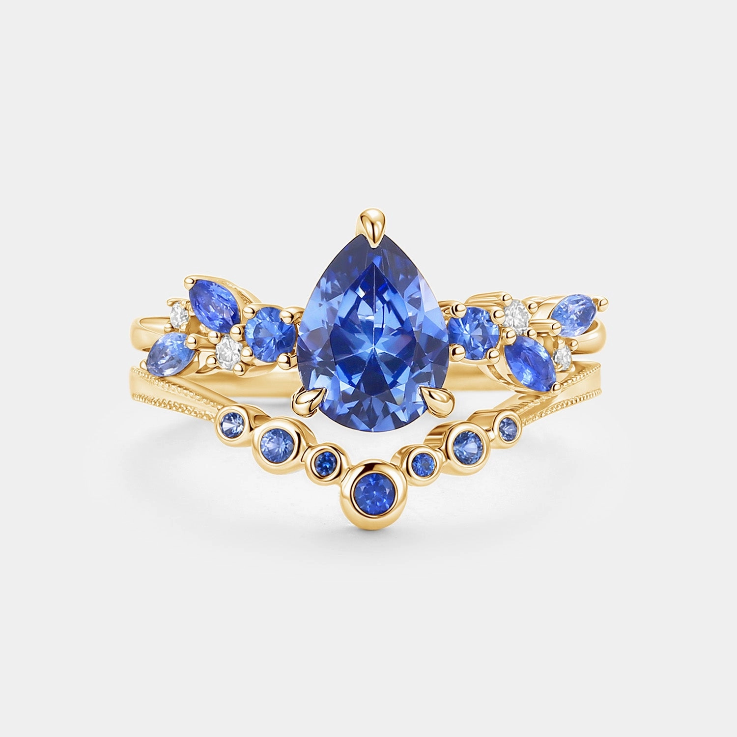 HighEnd Mark Hypoallergenic Work Merging in the Rain - Lab Cornflower Sapphire Pear Cut Ring Set