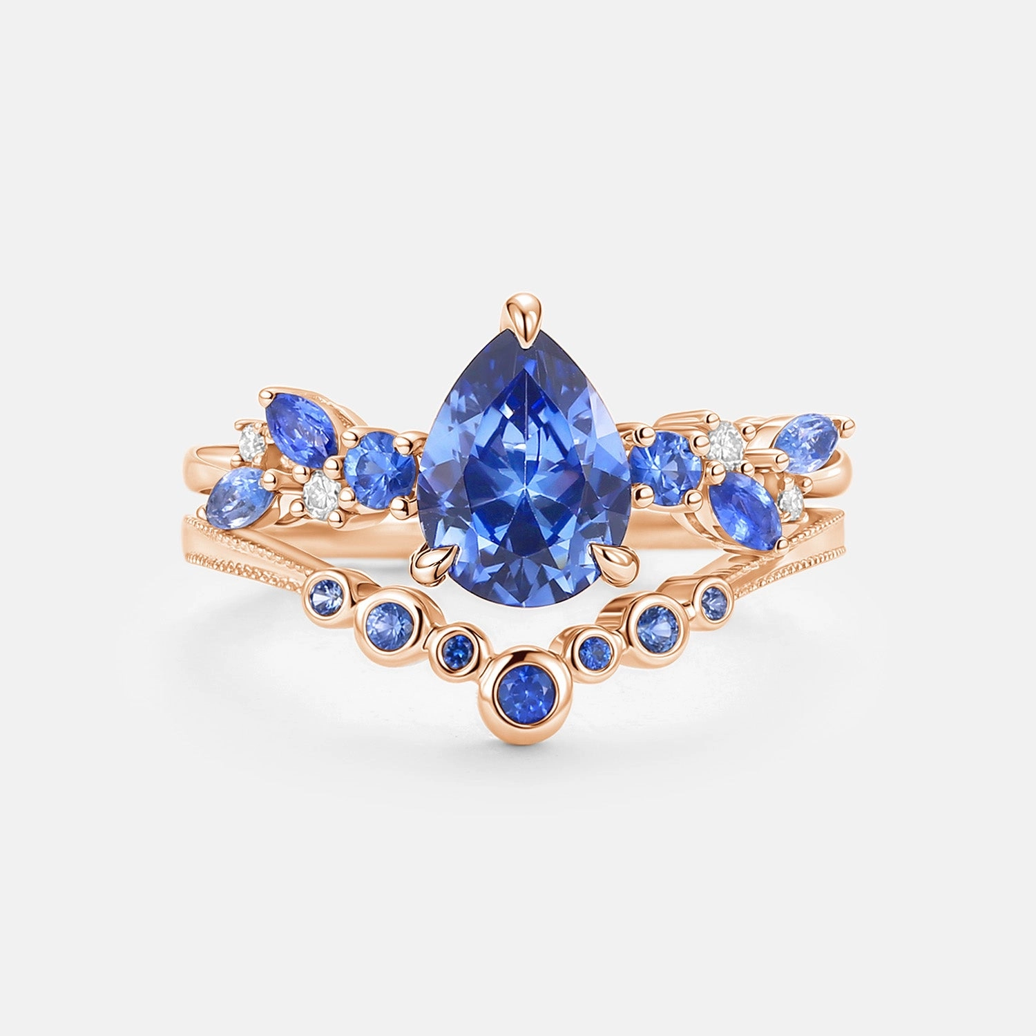 Merging in the Rain - Lab Cornflower Sapphire Pear Cut Ring Set Day To Night Fantastic Embellishment