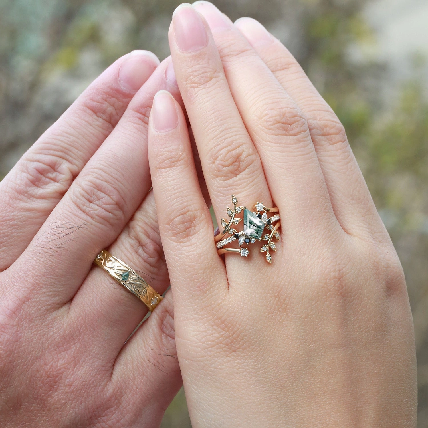 Leafy Kite Cut Moss Agate & Black Moissanite Couple Ring Set 4pcs Amazing Craft Romantic Craft