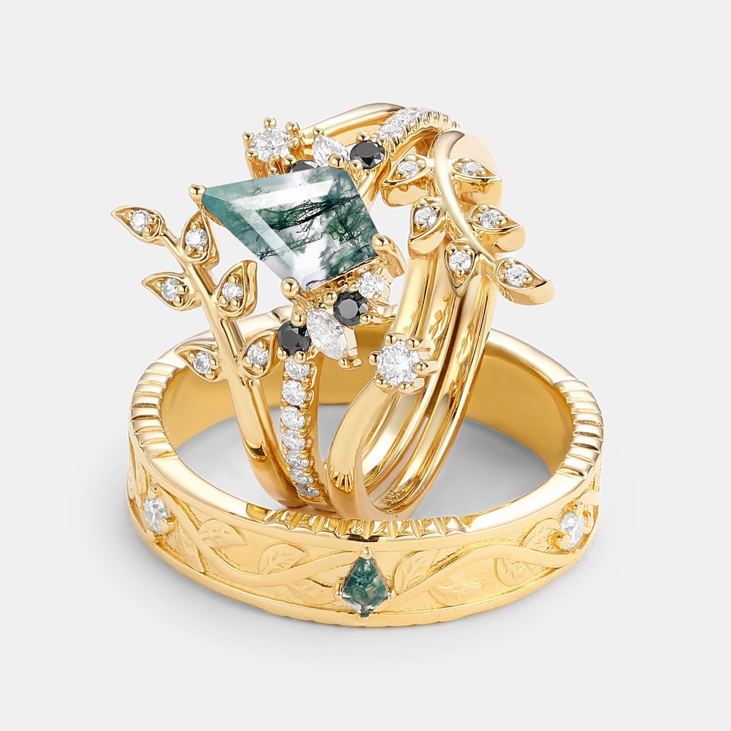 Leafy Kite Cut Moss Agate & Black Moissanite Couple Ring Set 4pcs Modern Detail