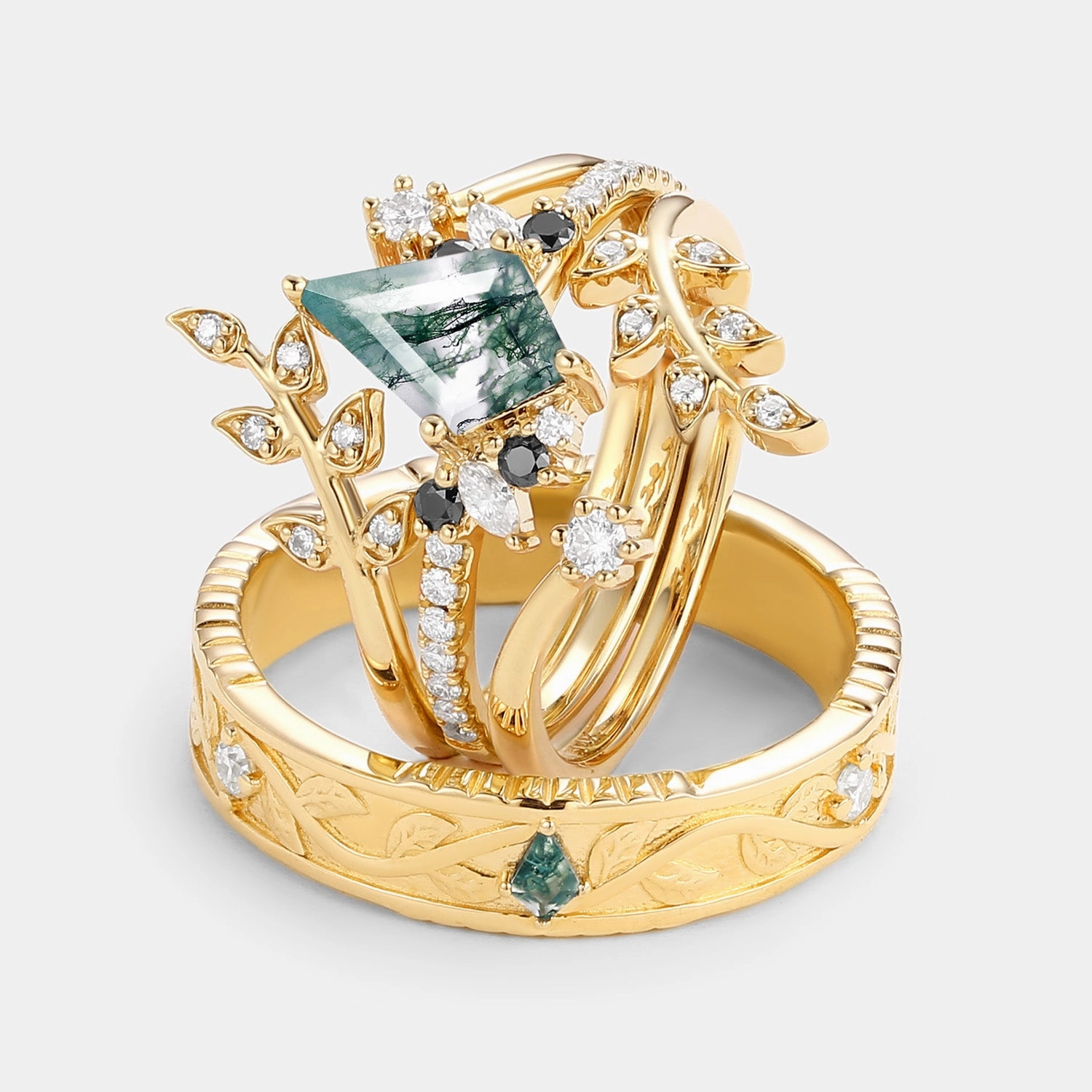 Artistic Product Renaissance Art Leafy Kite Cut Moss Agate & Black Moissanite Couple Ring Set 4pcs