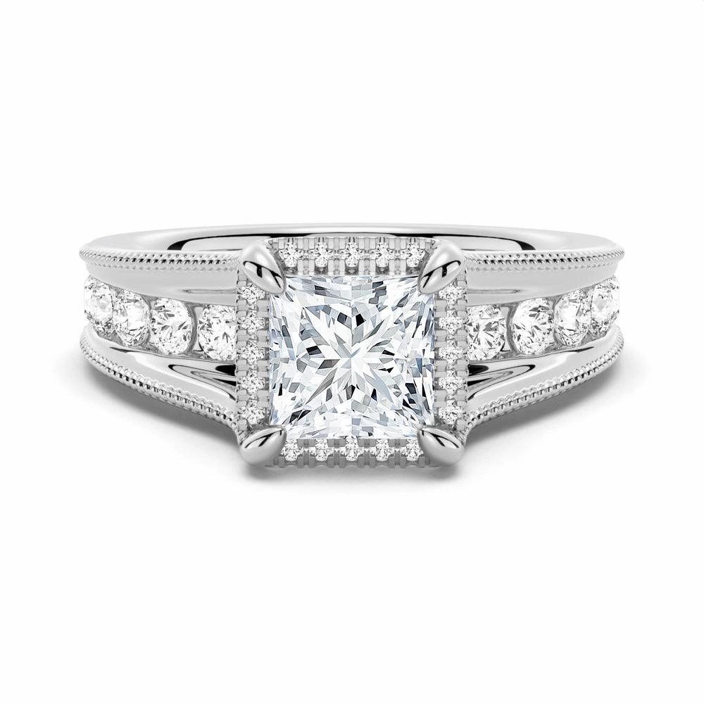 Milgrain Vintage Princess Cut & Round Moissanite Engagement Ring Evening Ready