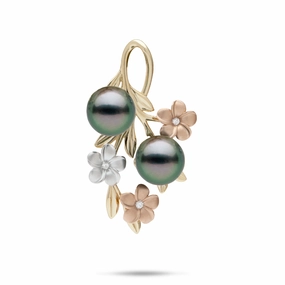 Pearls in Bloom Plumeria Tahitian Black Pearl Pendant in Tri Color Gold with Diamonds - 36mm Radiant Touch Boho Style