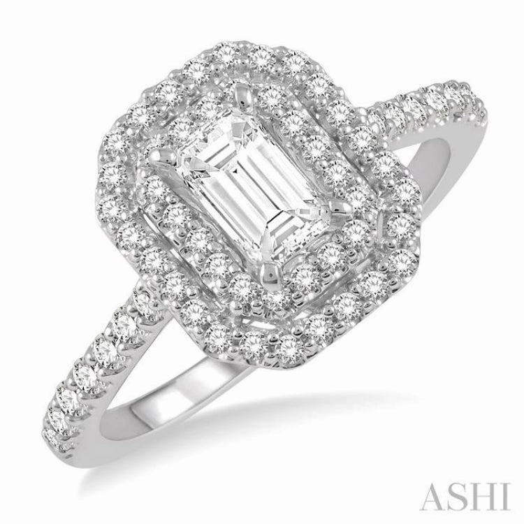 Timeless Touch 1 Ctw Diamond Ladies Engagement Ring with 1/2 Ct Emerald Cut Center Stone in 14K White Gold