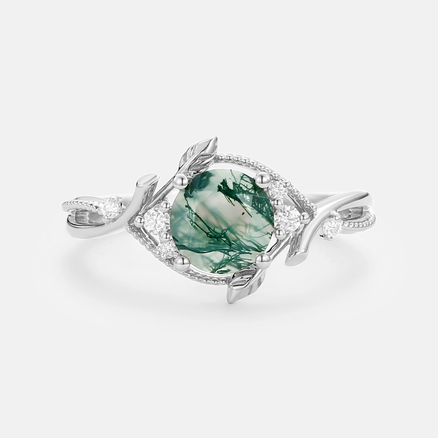 Round Leaf Moss Agate Twist Engagement Ring - Vyrra Trendy Jewelry simple design