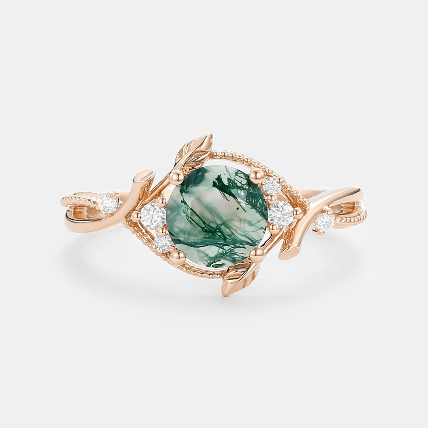 Round Leaf Moss Agate Twist Engagement Ring - Vyrra Sophisticated Look