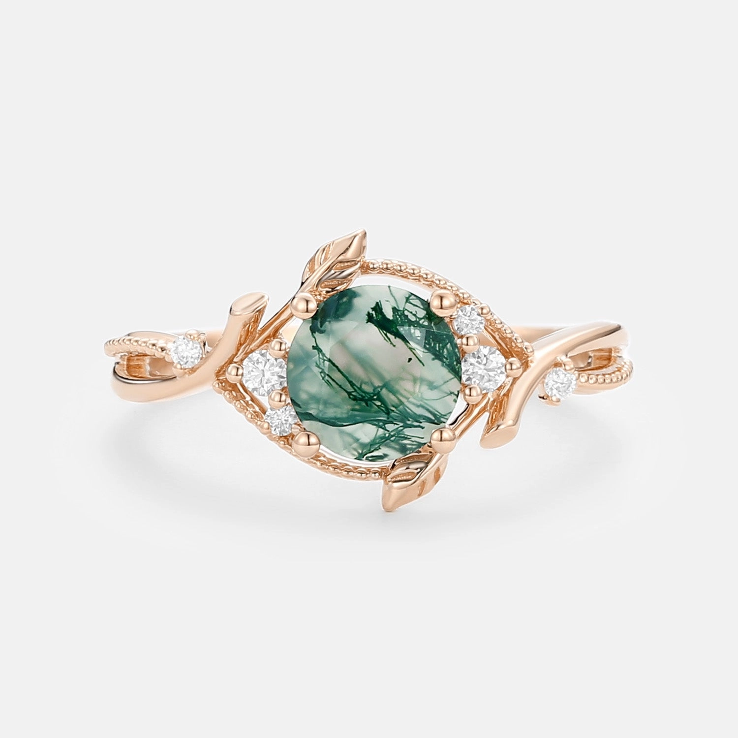 Wonderful Work Modern Appearance Round Leaf Moss Agate Twist Engagement Ring - Vyrra