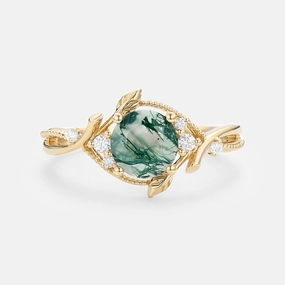 True Elegance Glam Edge Round Leaf Moss Agate Twist Engagement Ring - Vyrra