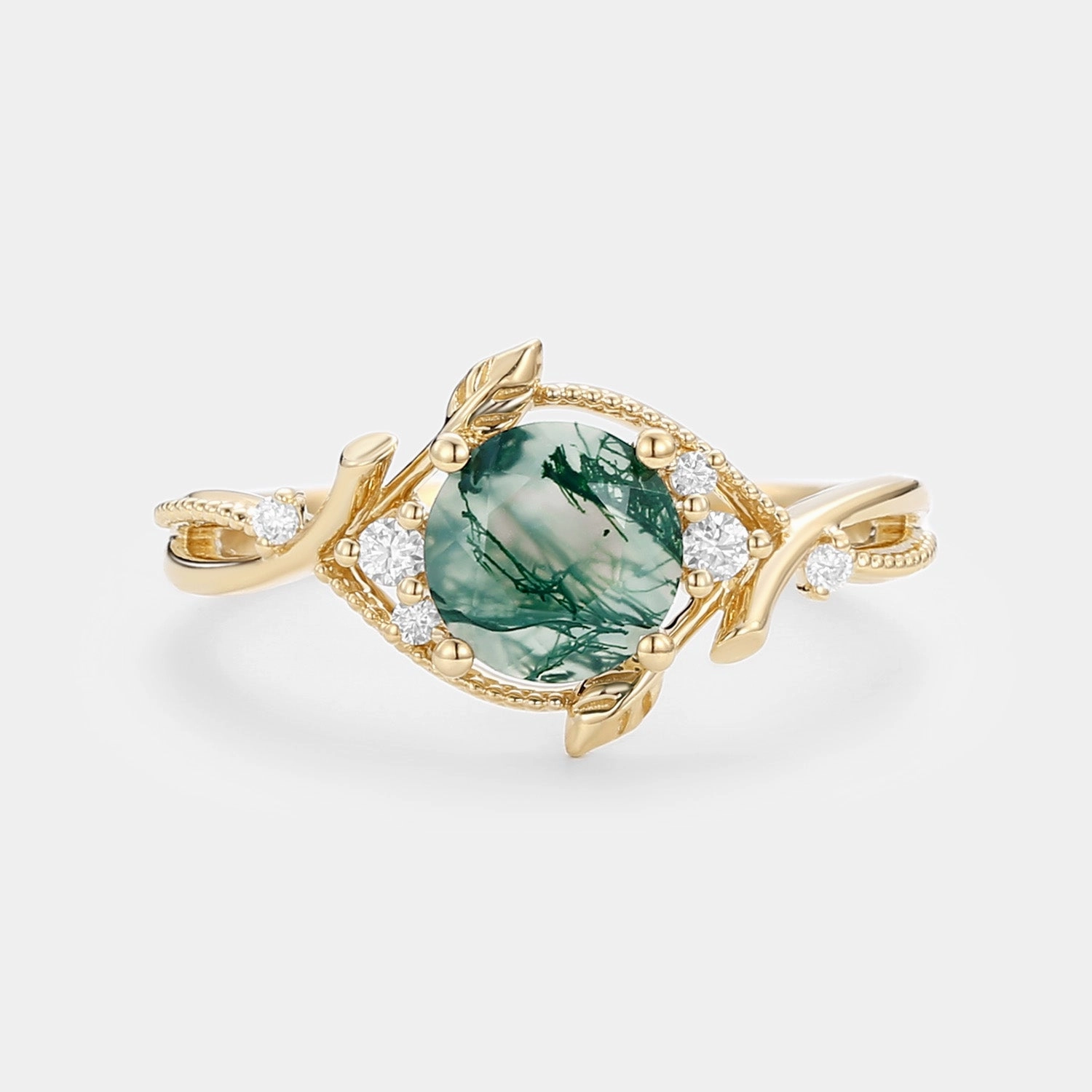 True Elegance Glam Edge Round Leaf Moss Agate Twist Engagement Ring - Vyrra