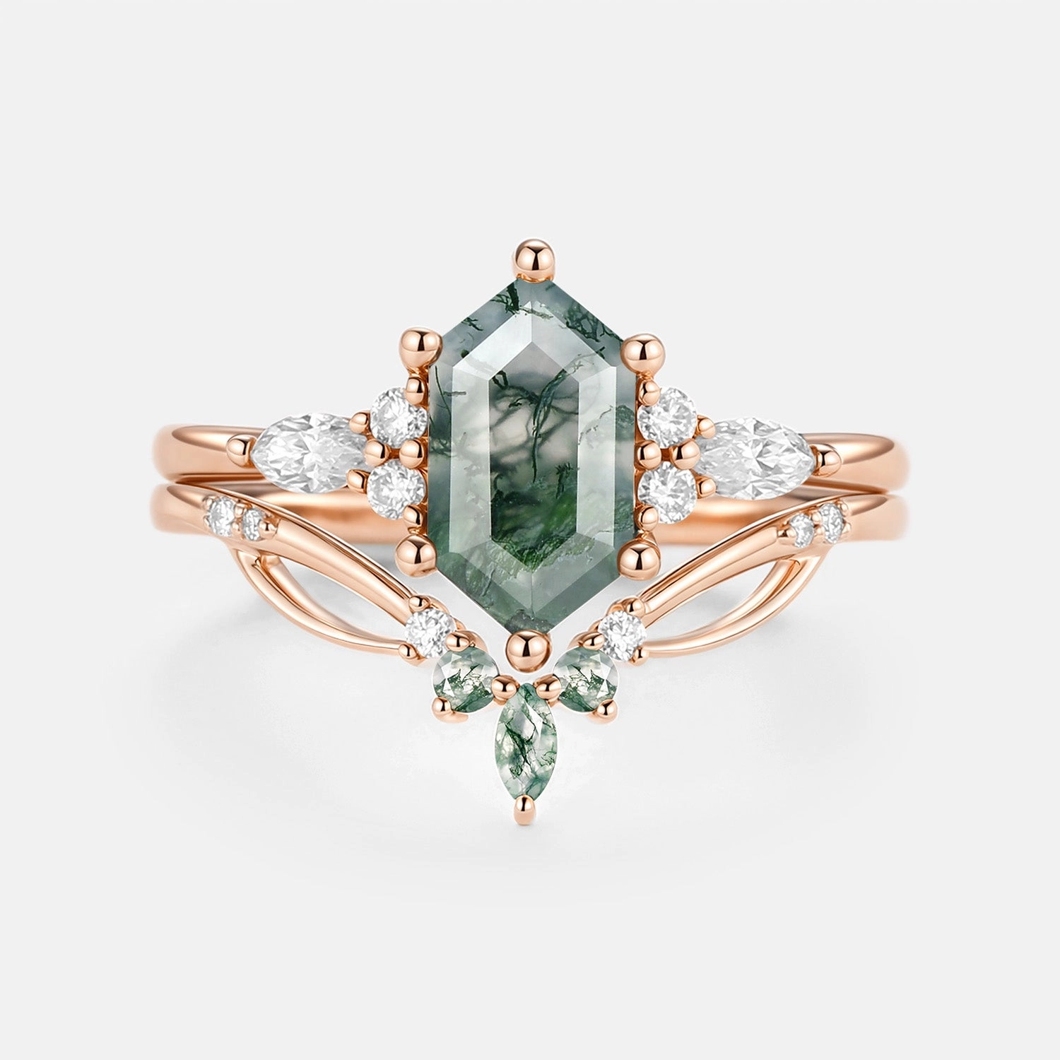Clean Lines Moss Agate Long Hexagon Vintage Vine Engagement Ring Set 2pcs - Nyssa
