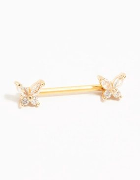 Gold Plated Titanium Cubic Zirconia Butterfly Nipple Bar Eye-catching Design Distinctive Design