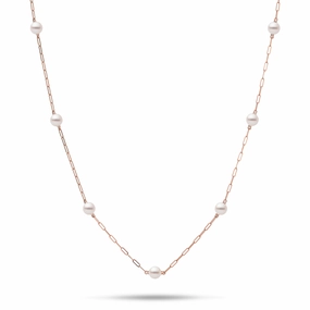 Adjustable 24" Akoya White Pearl Paperclip Chain Necklace in Rose Gold Casual Wear Modern Attire