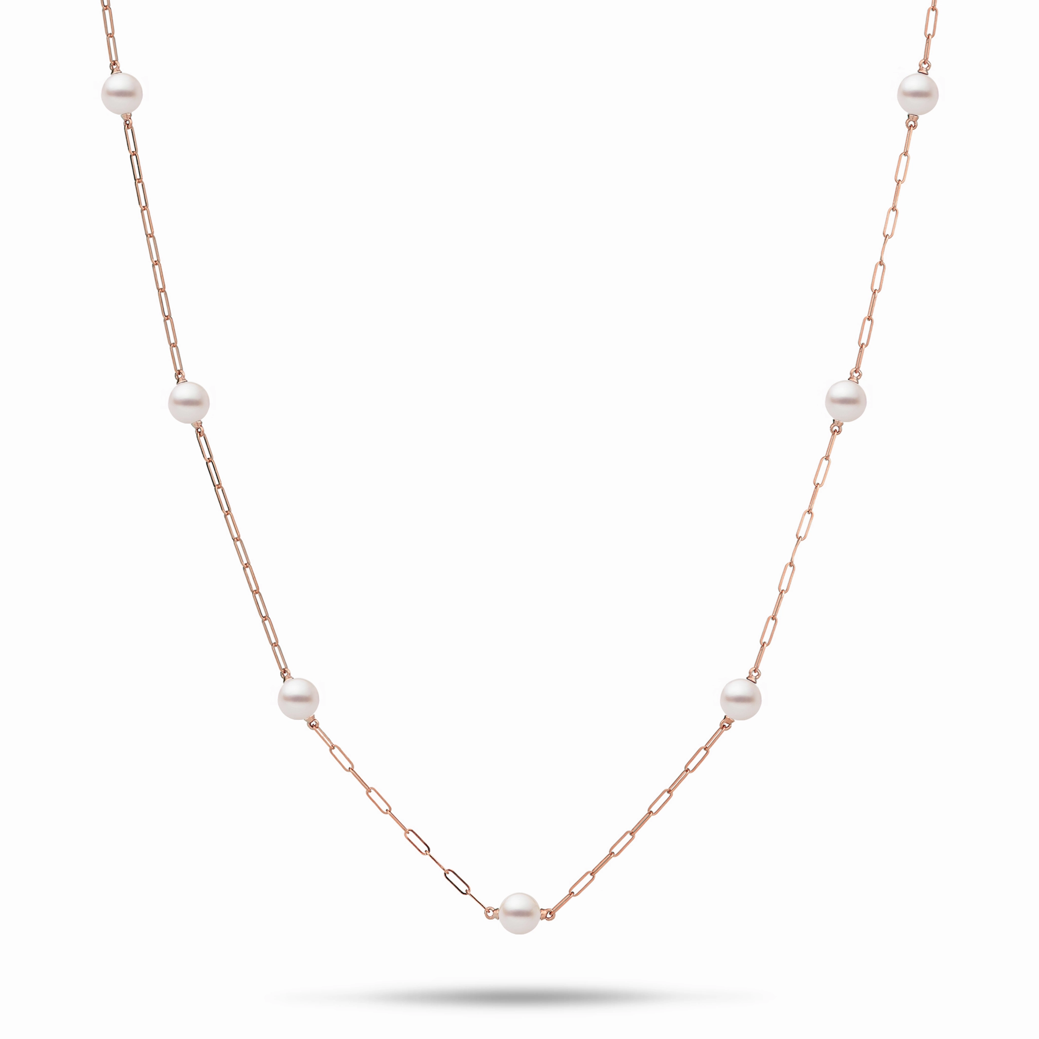 Timeless Beauty Adjustable 24" Akoya White Pearl Paperclip Chain Necklace in Rose Gold
