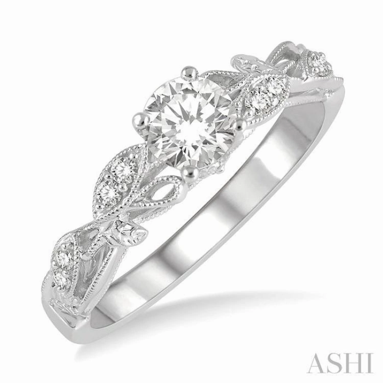 Medieval Design Chic Ornament 1/3 Ctw Leaf Criss Cross Shank Round Cut Diamond Engagement Ring with 1/4 Ct Round Cut Center Stone in 14K White Gold
