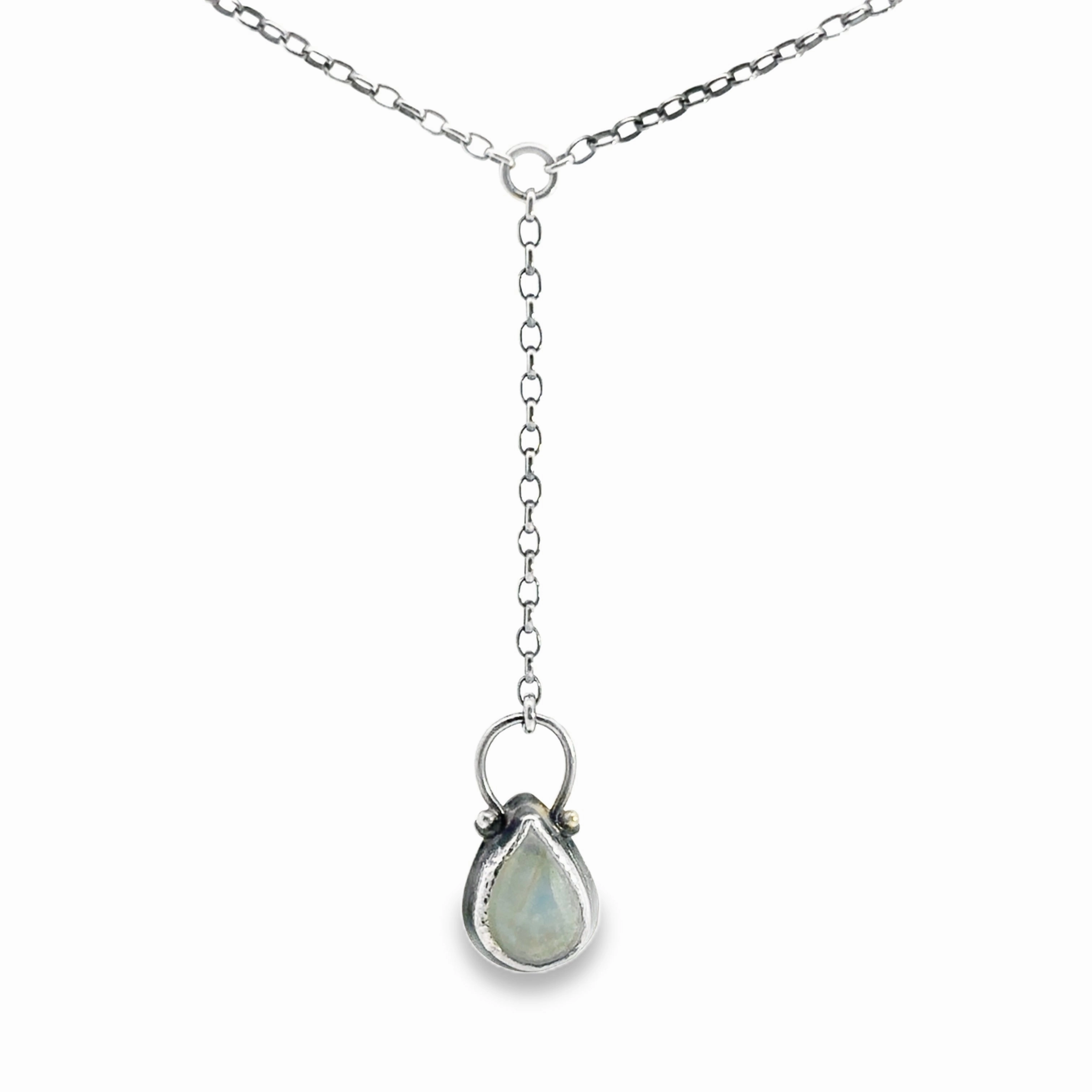 Sterling Silver Lariat Necklace with Rainbow Moonstone Versatile Fit