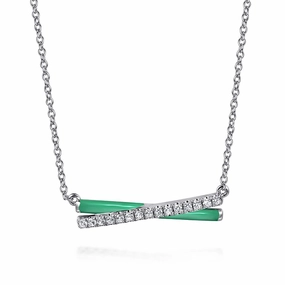 Custom Style 925 Sterling Silver White Sapphire and Mint Cockatoo Enamel Criss Cross Bar Necklace