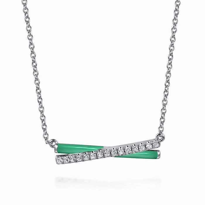 Custom Style 925 Sterling Silver White Sapphire and Mint Cockatoo Enamel Criss Cross Bar Necklace