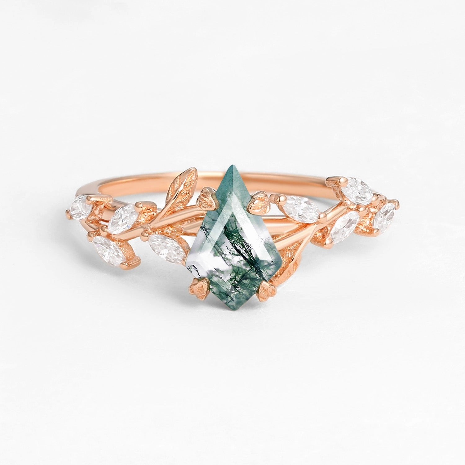 Kite Cut Clear Moss Agate Leafy Gold Engagement Ring - Dart Friendship Gift